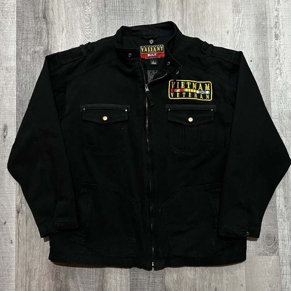 Valiant U.S. Services Vietnam Veteran Heavy Black Full Zip Military Jacket Sz L